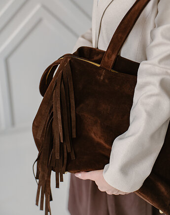 FOOTLOOSE - skórzana torebka szoperka - zamszowa - brąz, NASHE