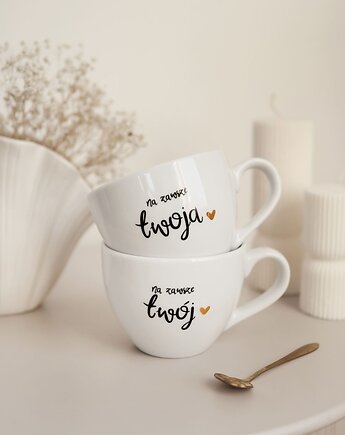 Zestaw 2 Białych Kubków Porcelanowych 500 ml - Napisy Na Zawsze Twój Na Zawsz, Nadzwyczajnie