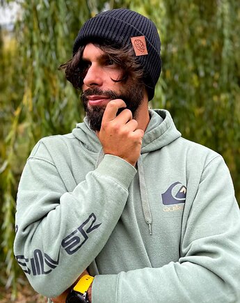 Męska bawełniana czapka beanie logo ekoskórka Czarna, Brain Inside