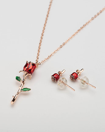 Kolczyki i naszyjnik srebro, złoto różowe- Róże czerwone z emalią, Ade Art