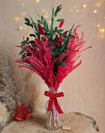 Świąteczny bukiet z suszonych kwiatów w szklanym wazonie, BohoSuszki