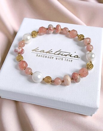 NUDE : cielista bransoletka : mix kamieni i perły : ROZMIAR M, kaktusia