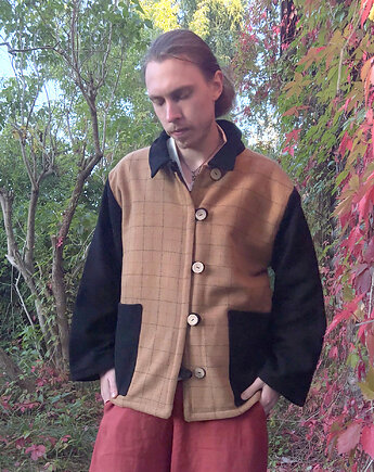 Kurtka wełniana w dwóch kolorach: miodowy w kratkę i czarny, soie star