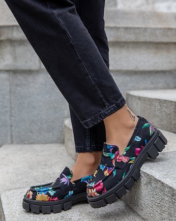 MOKASYNY NA GRUBEJ PODESZWIE-SKÓRA NATURALNA-MODEL 285-KOLOR KOLOROWE KWIATY, Zapato