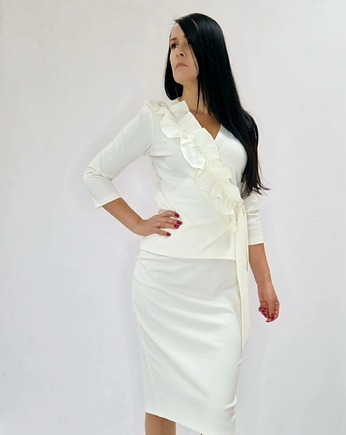 Elegancka śmietankowa  sukienka-garsonka draperia r 36-56, MC Fashion