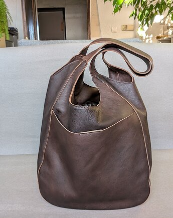 Brązowa koniakowa miękka skórzana torba worek, Łagoda