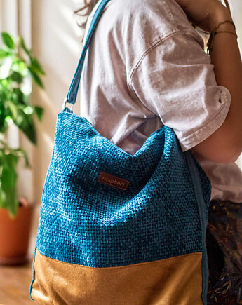 Turkusowo-miodowa boho bag z weluru, raspberi