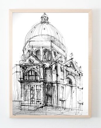 WYPRZEDAŻ RYSUNKÓW! Rysunek Santa Maria katedra Wenecja 35x50 cm Pióro, Kwitnace