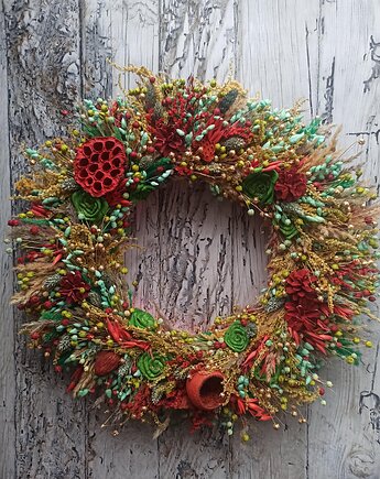 Wianek dekoracyjny w czerwieni, #J12, wieniec z suszu na drzwi, 45 cm, Homeliness Art Decor