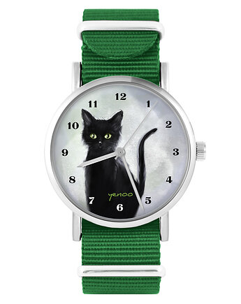 Zegarek - Czarny kot, cyfry - zielony, nylonowy, yenoo