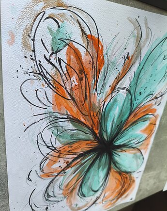 Abstrakcja Nowoczesna Kwiat Jesień Obraz Akwarela Turkus Pomarańcz A3 30x42, kkjustpaint Karolina Kamińska