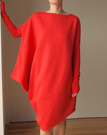 Sukienka długi rękaw asymetria Czerwona Gruba, OKAZJE