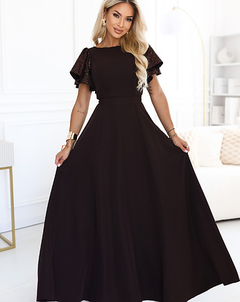 694-2 MIRELLA Elegancka rozkloszowana sukienka maxi z cekinami - czekolada, NUMOCO