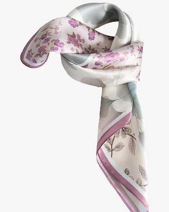 Średnia apaszka damska jedwabna różowa w kwiaty  68cm x68 cm, ALLORA BE UNIQUE