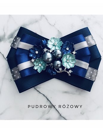 Brosza  Granatowa z kwiatami i perłami New, Pudrowy Różowy