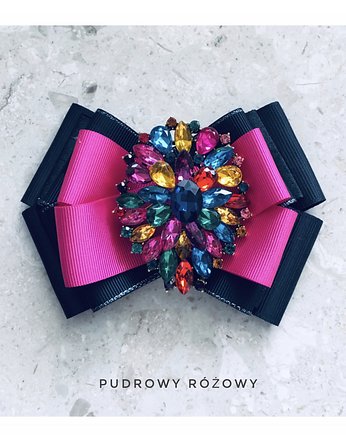 Brosza czarna i  fuksja z ogromnym kolorowym kryształem, Pudrowy Różowy