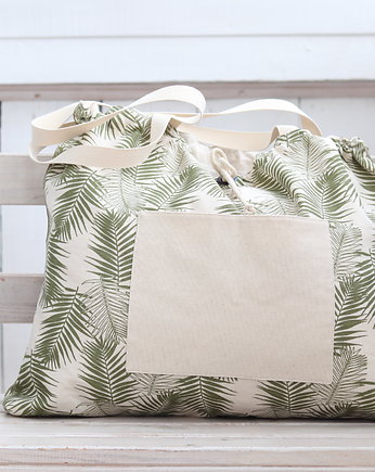 Duża torba plażowa z tkaniny bawełnianej, wzór zielonych liści, BalticBags