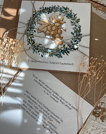 Kartka z okazji rocznicy święceń kapłańskich ręcznie robiona z życzeniami, sorte