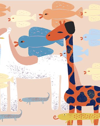 Konik i żyrafa  z jaszczurkami i ptakami, LABORATORYART
