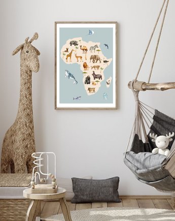 PLAKAT do pokoju dziecka, mapa zwierzęta Afryki, safari ilustracja, black dot studio