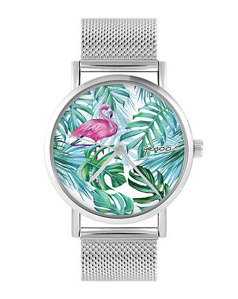 Zegarek - Flaming, tropikalny - bransoleta mesh, yenoo