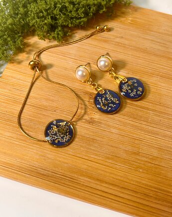 Komplet biżuterii kolczyki i bransoletka Nocna łąka intensywnie niebieskie, Blask Natury