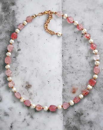 Kwarc truskawkowy & PERŁY - naszyjnik., kaktusia