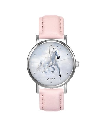 Zegarek  mały - Biały koń biegnący - skórzany, pudrowy róż, yenoo