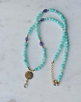 Lśniący tanzanit z amazonitami, ekskluzywny naszyjnik, Studio Gazela