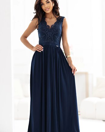 215-6 LEA długa elegancka suknia maxi z koronkową górą i rozcięciem na nodze , NUMOCO