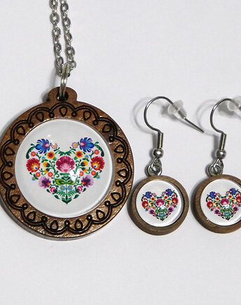 Komplet - Serce folk - drewno, naszyjnik i kolczyki