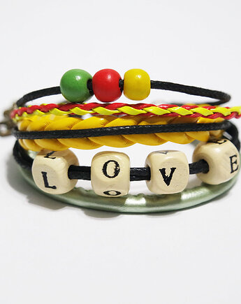 Bransoletka - Love rasta - rzemienie, drewniane koraliki, yenoo