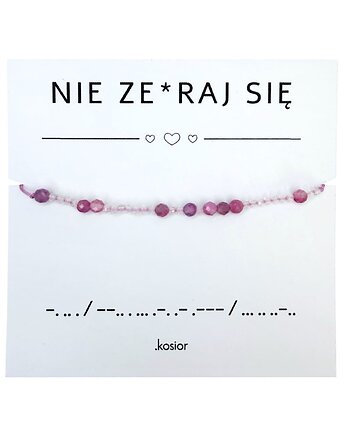 Bransoletka z alfabetem Morse Różowy turmalin, Kryształ górski, karolina kosior