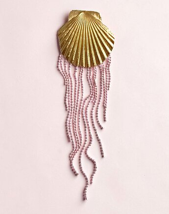 Broszka MEDUZA z prawdziwej muszli : złota muszla , jasny róż, kaktusia