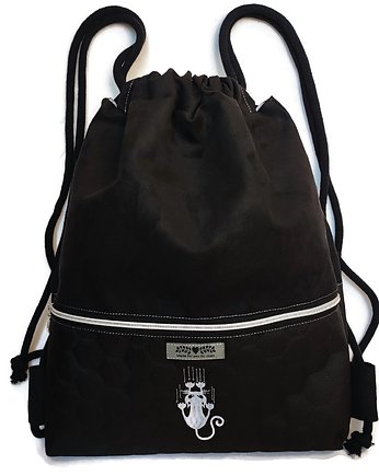 Czarny worek plecak z kotem, Made by Joan