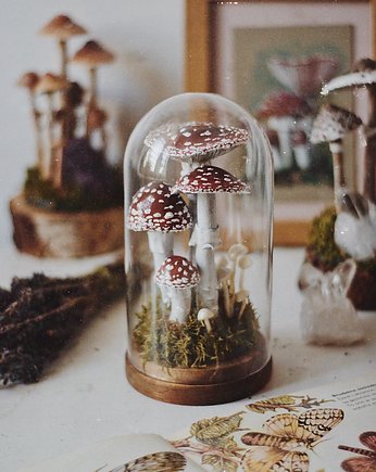 Dekoracja z grzybami - szklany klosz kopułka z muchomorami, MiloMaluje