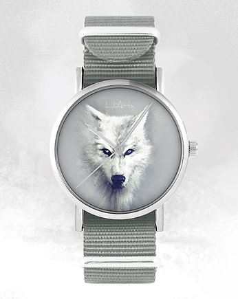 Zegarek - Biały wilk - szary, nylonowy, PAKOWANIE PREZENTÓW - pudełko na prezent