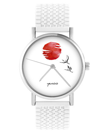 Zegarek - Japońskie żurawie - silikonowy, biały, yenoo