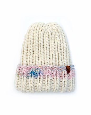 Biało kolorowa czapka oversize z grubej wełny pastelowa, Holy Alpaca Knit