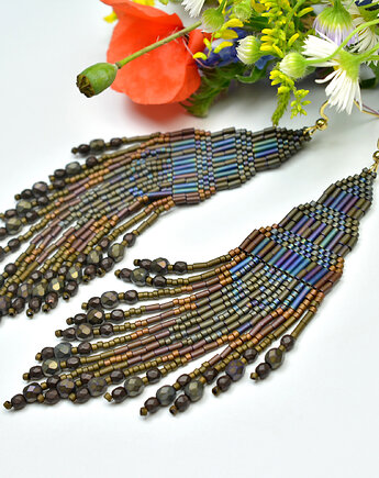 Nindhan, brązowo-niebieskie "indiańskie" kolczyki, beading, Sol