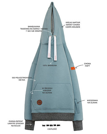 Bluza z kapturem, 3 kieszenie  CHOKA LAZY KANGAROO GREY BLUE, CHOKA