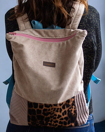 Beżowy plecak z suwakiem patchwork, raspberi