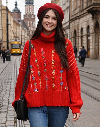 Czerwony sweter z golfem i haftami, rozmiar L/XL, Z drugiej nitki