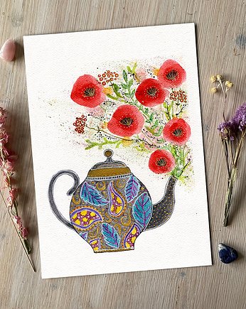 Sale! Oryginalna akwarela. Maki w konwece ze srebrną farbą A4, Malgorzata Domanska