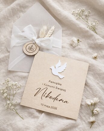 Kartka na pamiątkę I Komunii Świętej DREWNIANA, DREWNIANA KARTKA