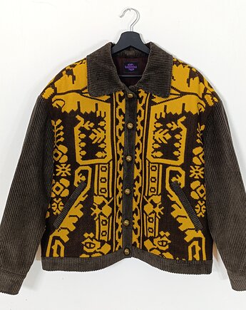 Kurtka żółto-brązowa L, z ludowej, wełnianej tkaniny, kapotka