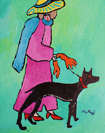 Obraz ręcznie malowany babcia z pieskiem na spacerze, alice oil on canvas