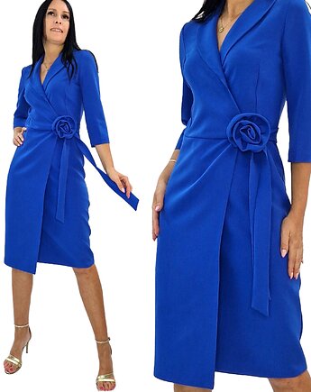 Elegancka chabrowa   Kopertowa sukienka z różą 34-50, MM FASHION