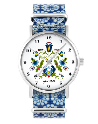 Zegarek - Kaszubski - niebieski, kwiaty, yenoo