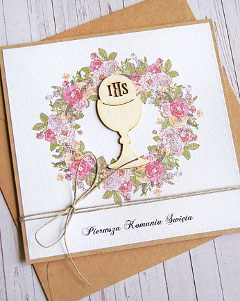 Kartka z życzeniami : I Komunia Święta : wianek różowy : hostia, kaktusia